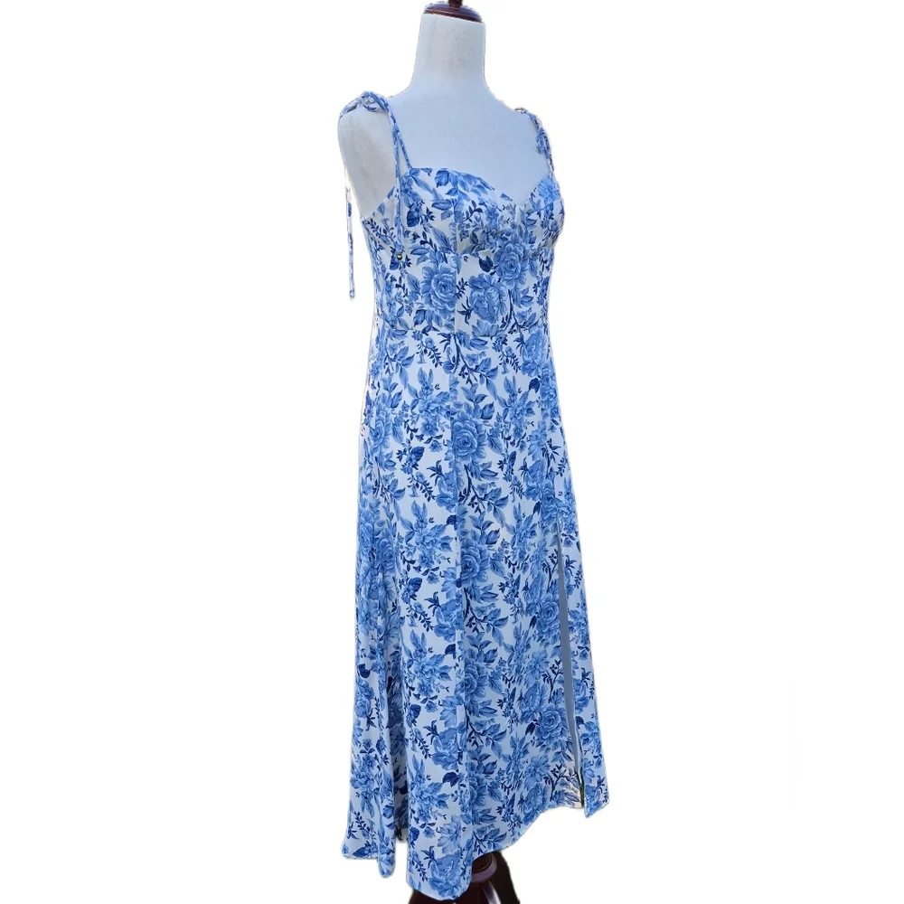 ​Petal & Pup Blue Floral Tie Strap Midi Dress Smocked Back Front Side Slit - Picture 4 of 16